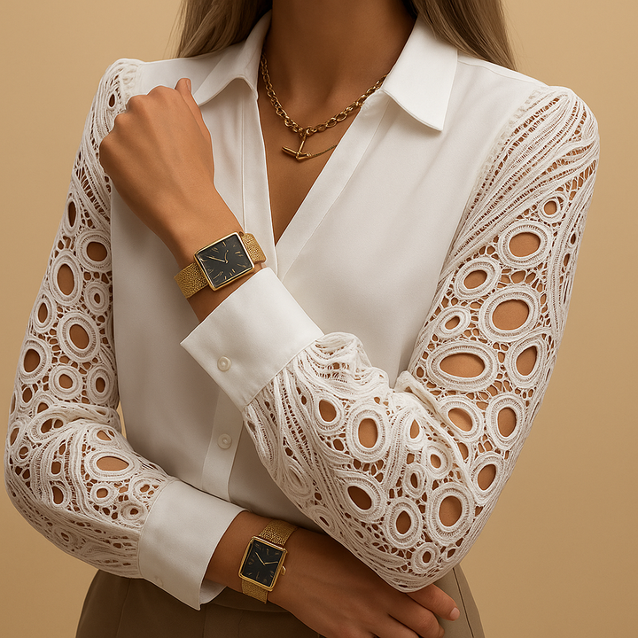 Chic women's button-up blouse with classic collar & elegant lace sleeves, ideal for versatile work & evening wear.