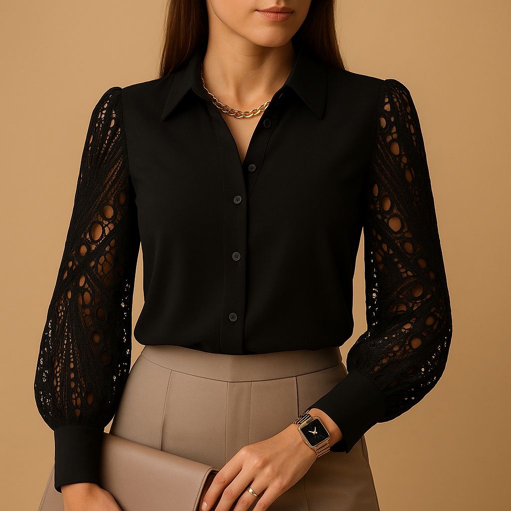 Stylish women's blouse featuring intricate lace sleeves, a classic button-up front, and versatile design for any occasion.