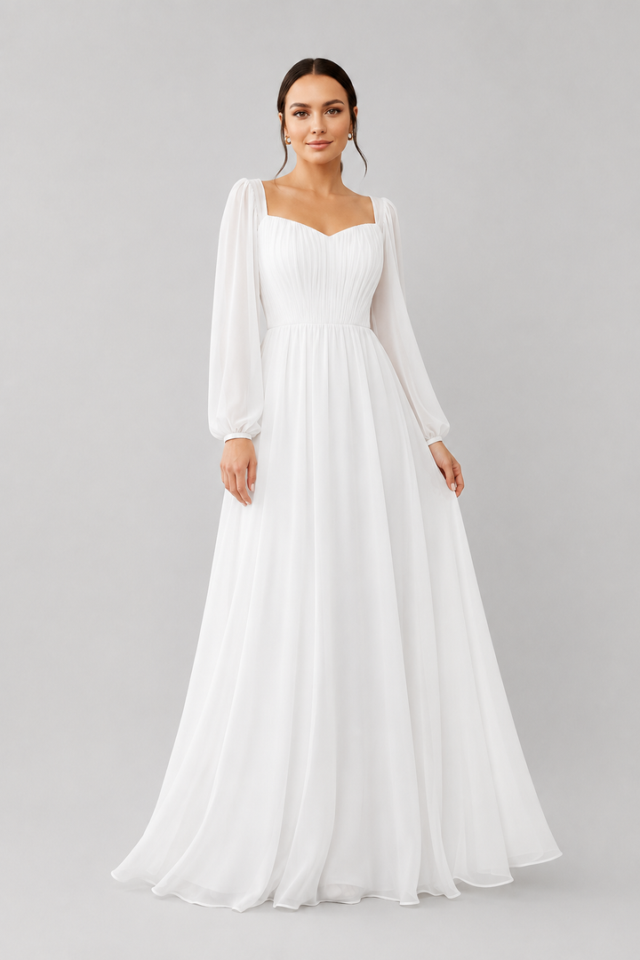 Elegant women's white maxi dress with sweetheart neck & long sleeves, perfect for formal events.