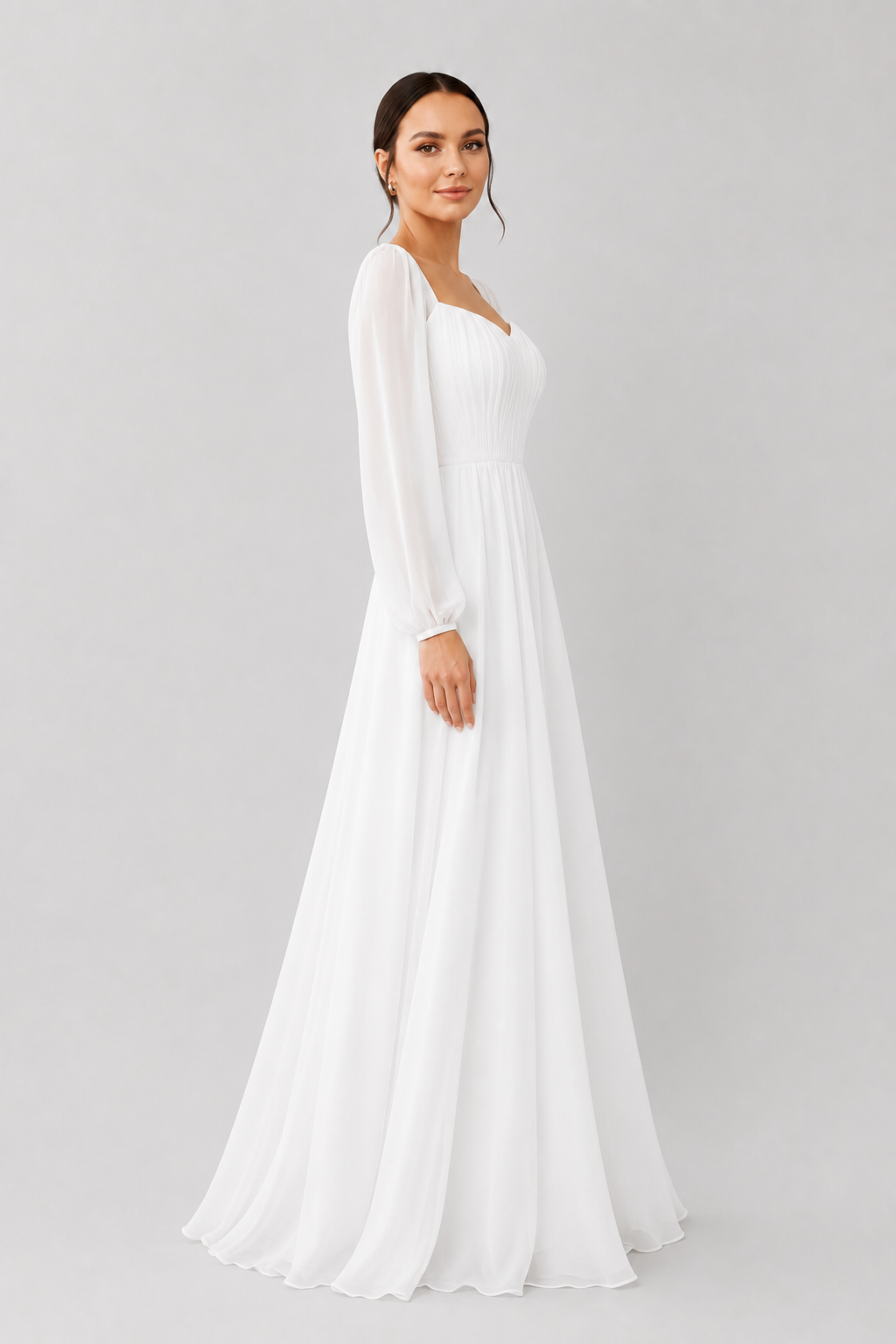Stunning white long sleeve maxi dress for women, with an elegant sweetheart neckline & flowing skirt, party wear.