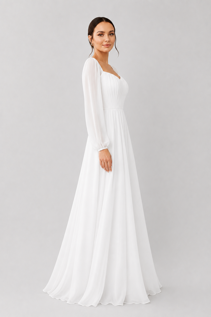 Stunning white long sleeve maxi dress for women, with an elegant sweetheart neckline & flowing skirt, party wear.