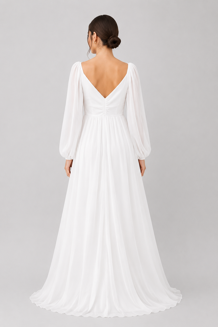 Graceful white women's evening gown with long sleeves and a beautiful sweetheart neckline, perfect for galas.