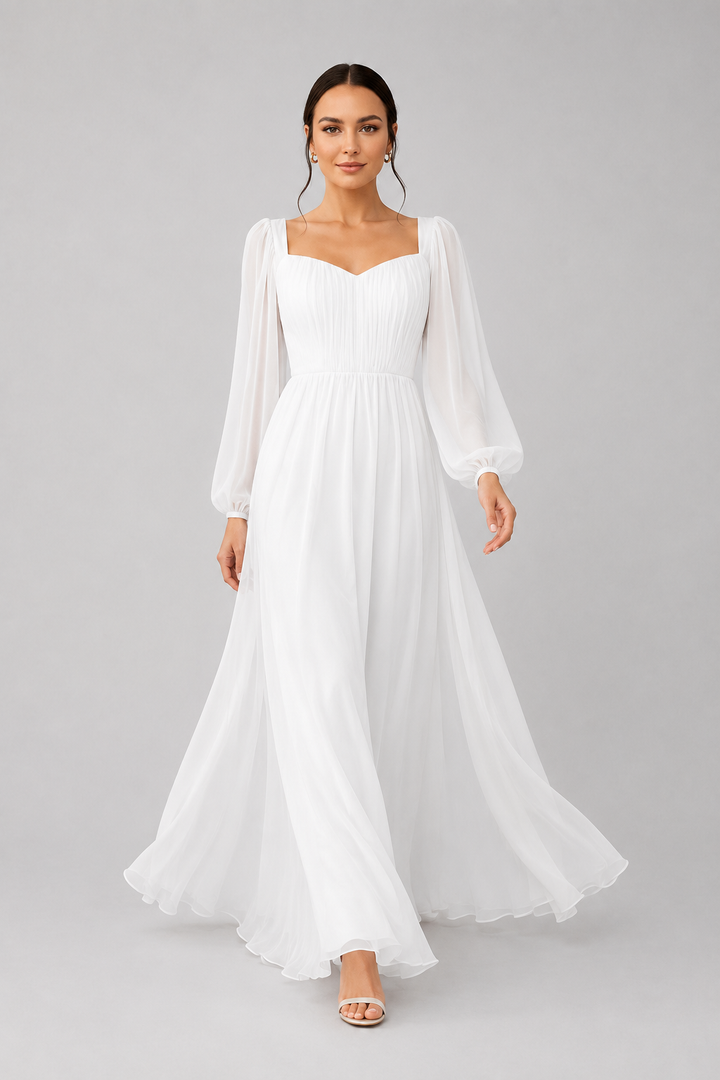 White elegant women's long sleeve maxi dress with sweetheart neck, versatile for parties, formal or evening wear.