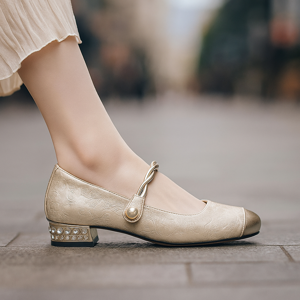 Orthopedic women's dress flats featuring pearls and a sleek metallic detail, front view.