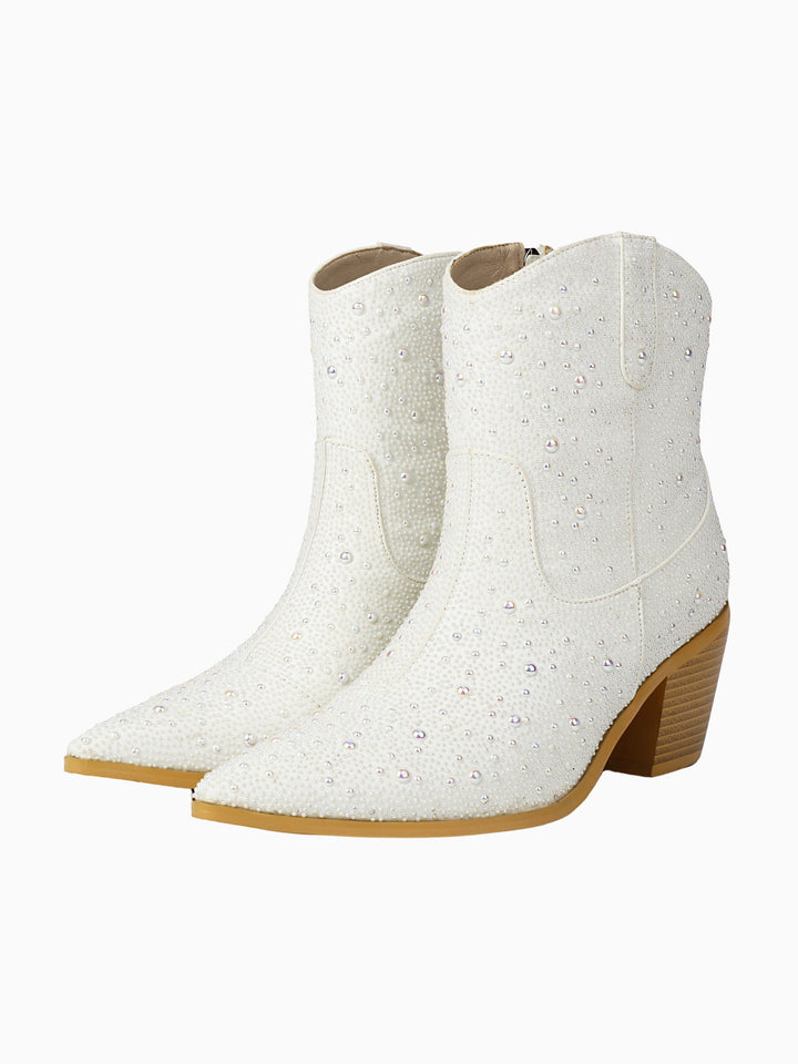 Elegant women's white pearl & rhinestone bridal ankle cowgirl boots, perfect wedding footwear.