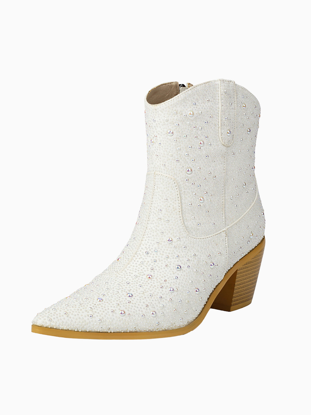 Close-up of women's white bridal cowgirl boots with intricate pearl and rhinestone embellishments.