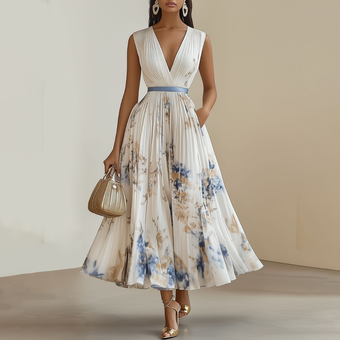 Elegant women's white pleated V-neck midi dress, perfect for spring events or versatile wear.