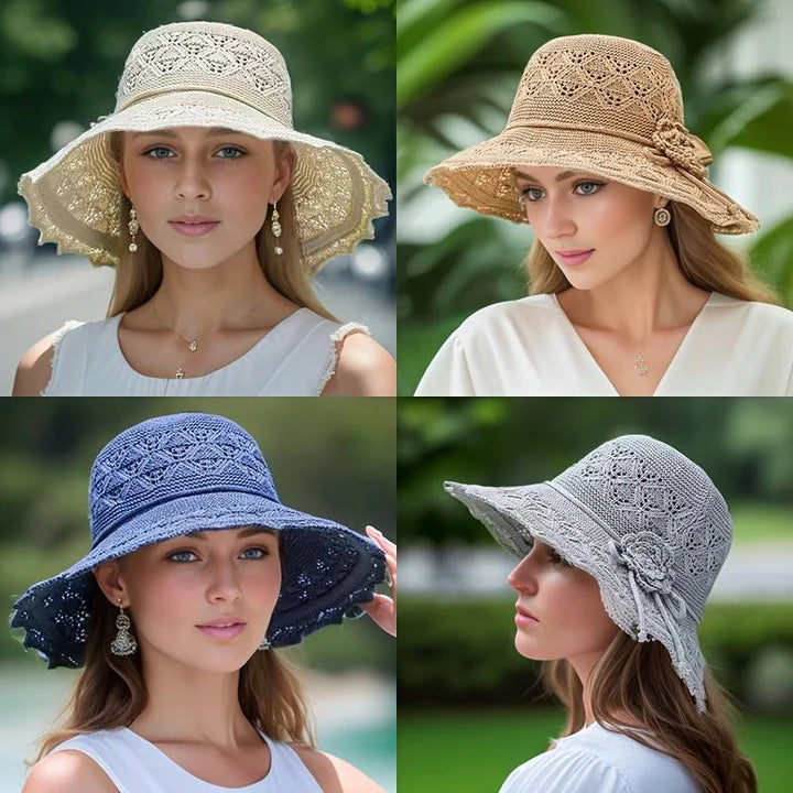 Adjustable women's wide-brim sun hat. Chic & protective for summer outings, travel & resort wear.