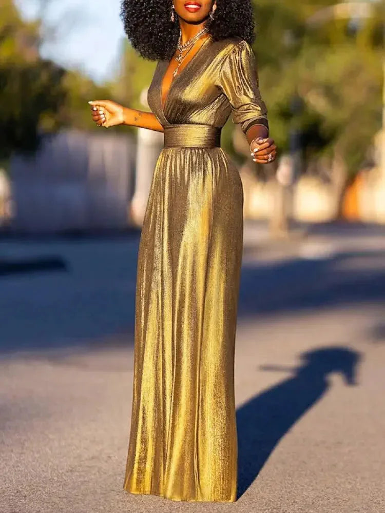 V-neck wide leg elegant jumpsuit for women, a chic choice for formal events and wedding guest outfits.