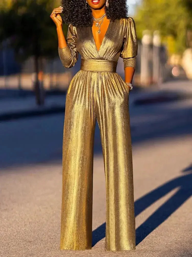 Stylish women's wide leg formal jumpsuit, versatile for evening parties, holidays, & special occasions.
