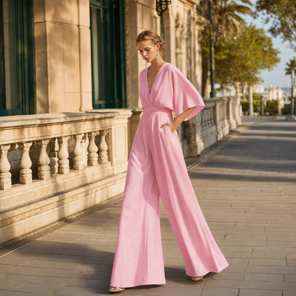 Chic women's wide leg jumpsuit fabric texture. Perfect for evening wear, wedding guest, or formal events.