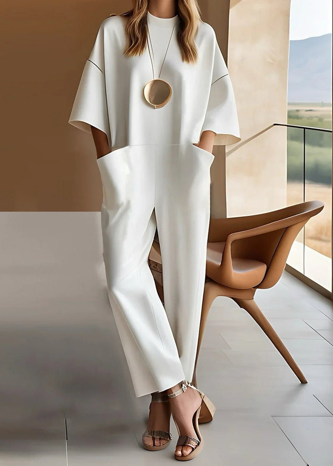 Elegant women's wide leg jumpsuit, short sleeve, crew neck. Perfect for comfortable casual summer fashion.