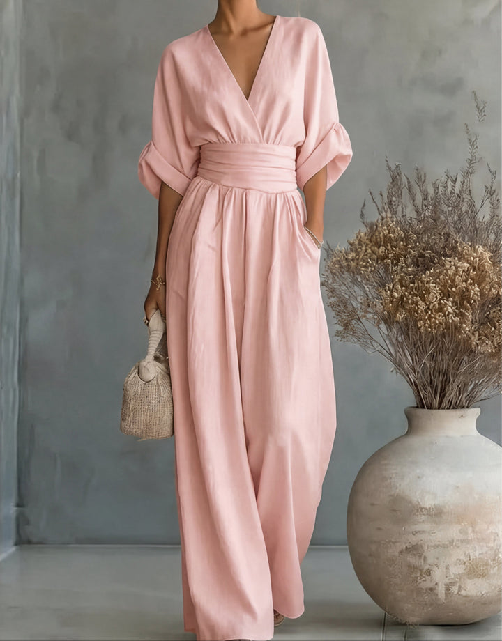 Fashionable women's wide-leg jumpsuit: comfortable, versatile, and elegant with a stunning wrap front.