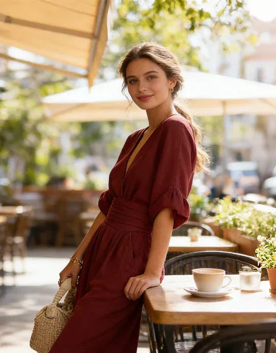 Fashionable women's wide-leg jumpsuit, showcasing an elegant wrap front design; comfortable & versatile.