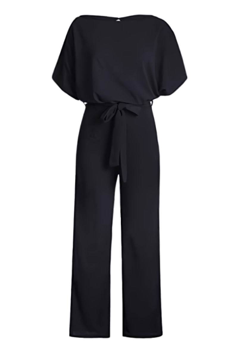 Elegant women's jumpsuit featuring wide legs, graceful batwing sleeves, and a flattering cinch belt for style.
