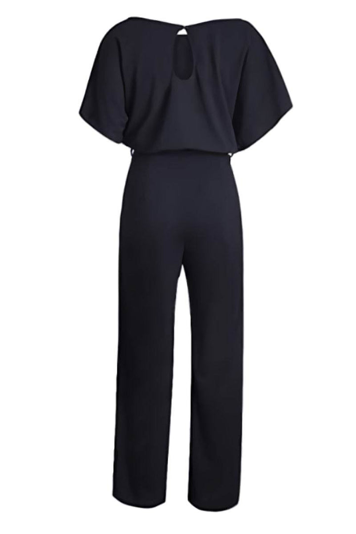 Women's elegant wide-leg jumpsuit with batwing sleeves and belt. A stylish, comfortable, day-to-night one-piece.