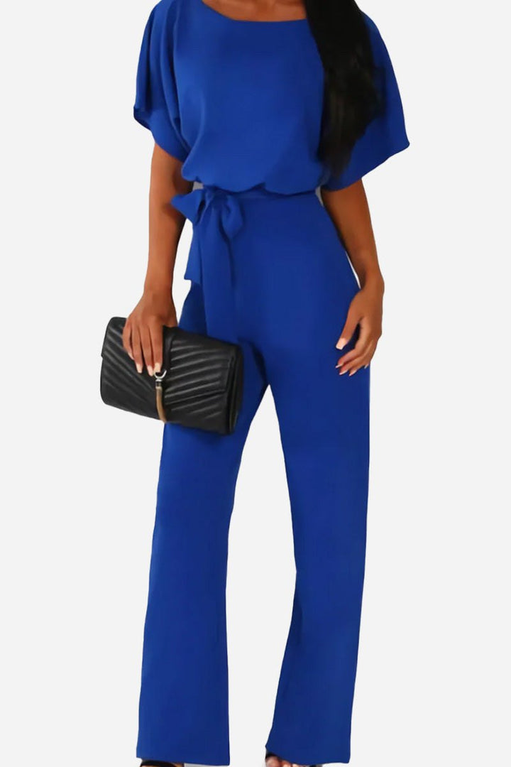 Comfortable one-piece women's wide-leg jumpsuit, featuring elegant batwing sleeves and a flattering belted waist.