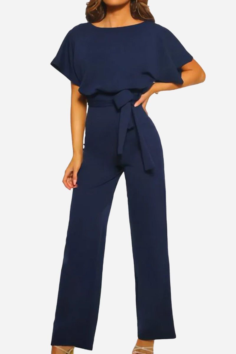 Women's belted wide-leg jumpsuit. Elegant design with batwing sleeves, perfect for a sophisticated, comfortable look.