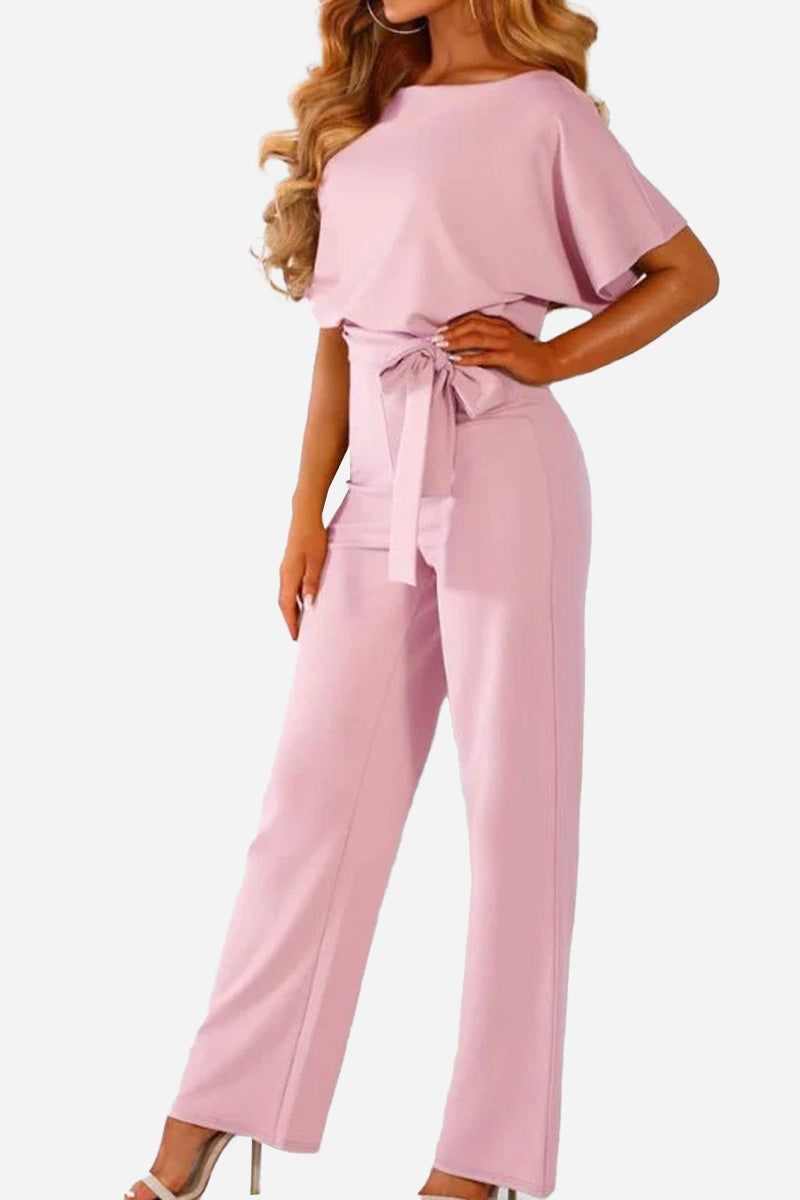 Modern women's elegant wide-leg jumpsuit. Batwing sleeves and adjustable belt create a stylish, versatile silhouette.