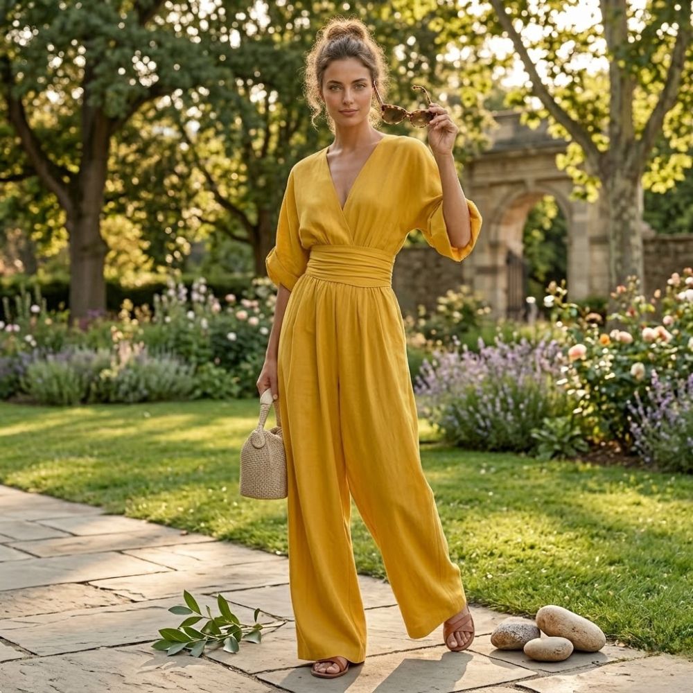 Stylish women's jumpsuit featuring a wide leg, cinched waist, & elegant kimono sleeves for modern comfort.
