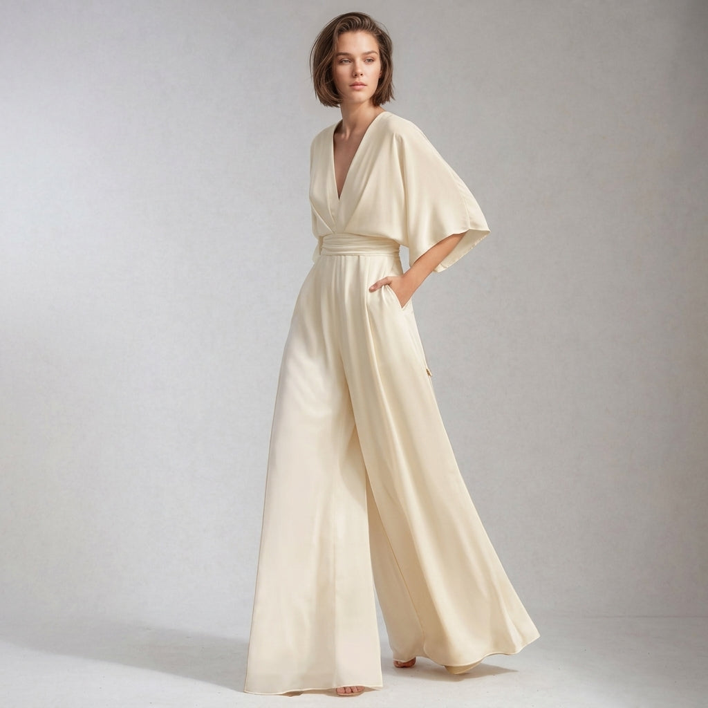 Comfortable and elegant women's jumpsuit, wide-leg design with flowing sleeves. Chic V-neck for versatile style.
