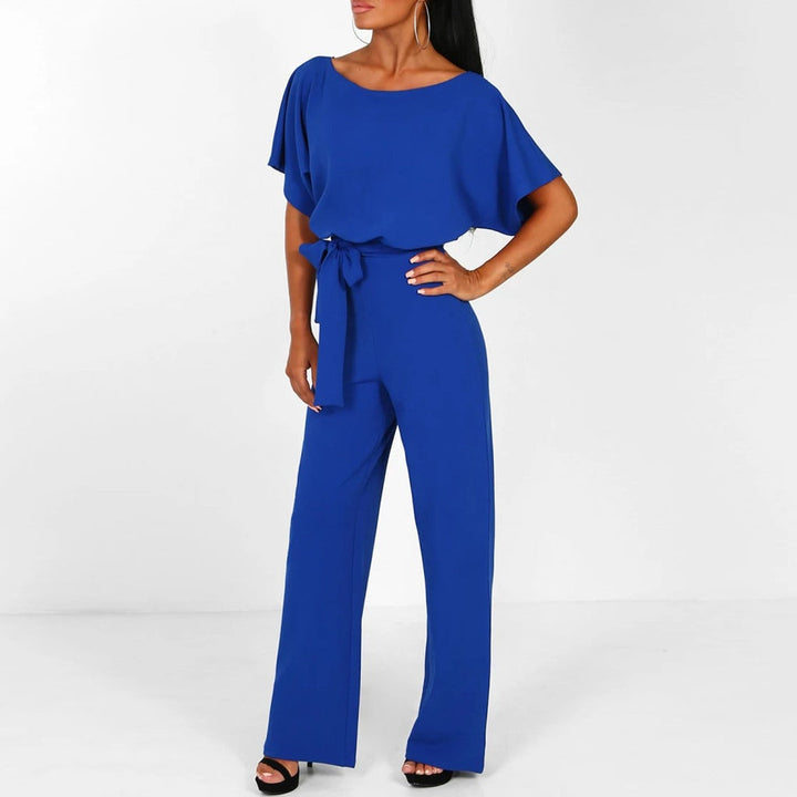 Comfortable loose-fit wide-leg jumpsuit for women. Stylish one-piece outfit with an adjustable self-tie belt.