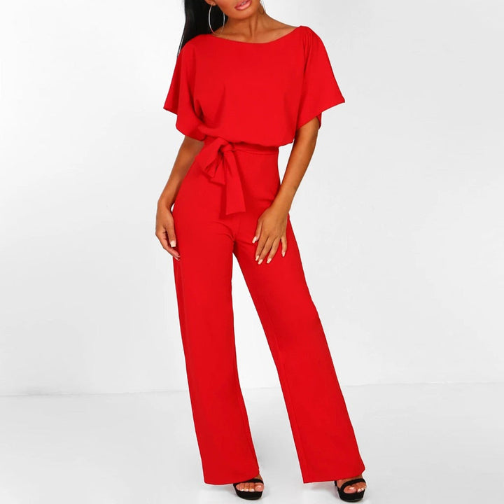 Stylish women's wide-leg jumpsuit with self-tie belt. Ideal for elegant parties or a casual chic day out.