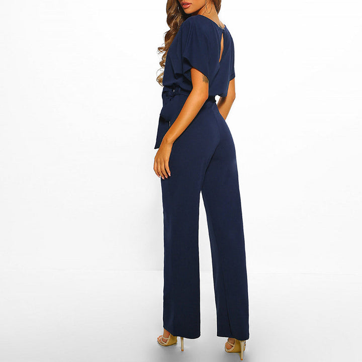 Versatile women's one-piece wide-leg jumpsuit. Features an elegant boat neck and a stylish self-tie belt.