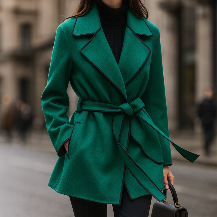 Front view of a women's belted longline wool-blend coat with distinctive contrast piping detail