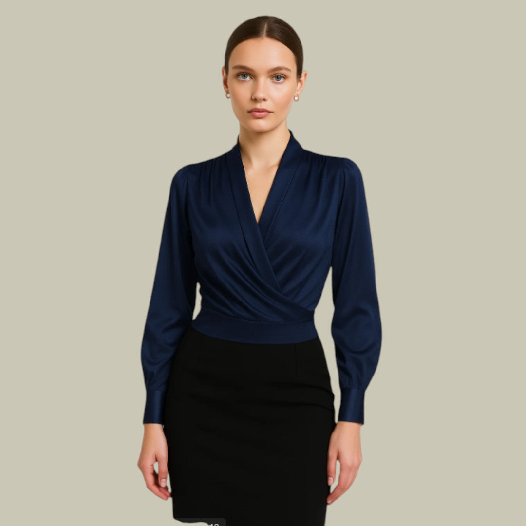 Elegant women's wrap front long sleeve satin blouse, perfect for a chic formal look.