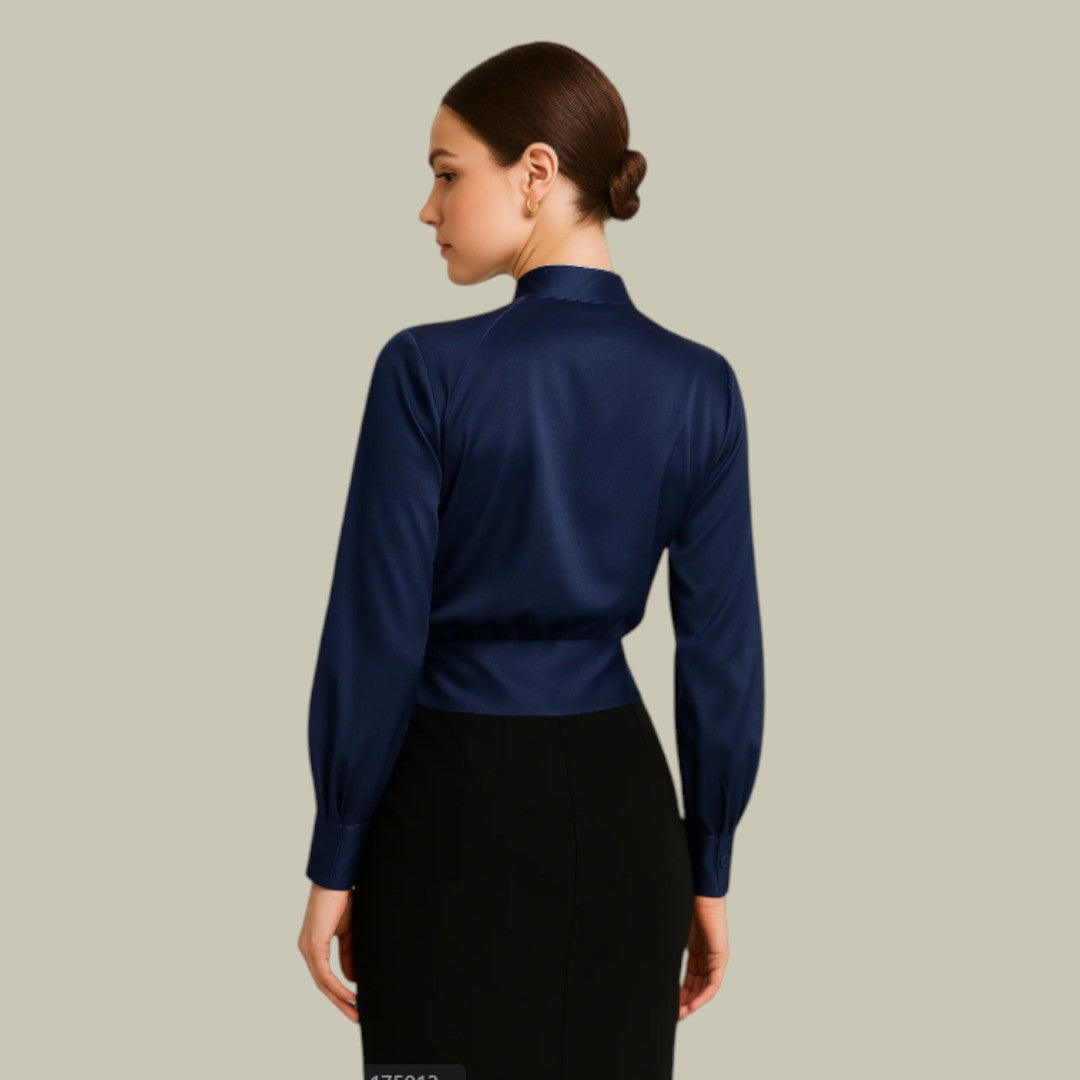 Sleek long sleeve wrap satin blouse for women, a stylish and elegant top.