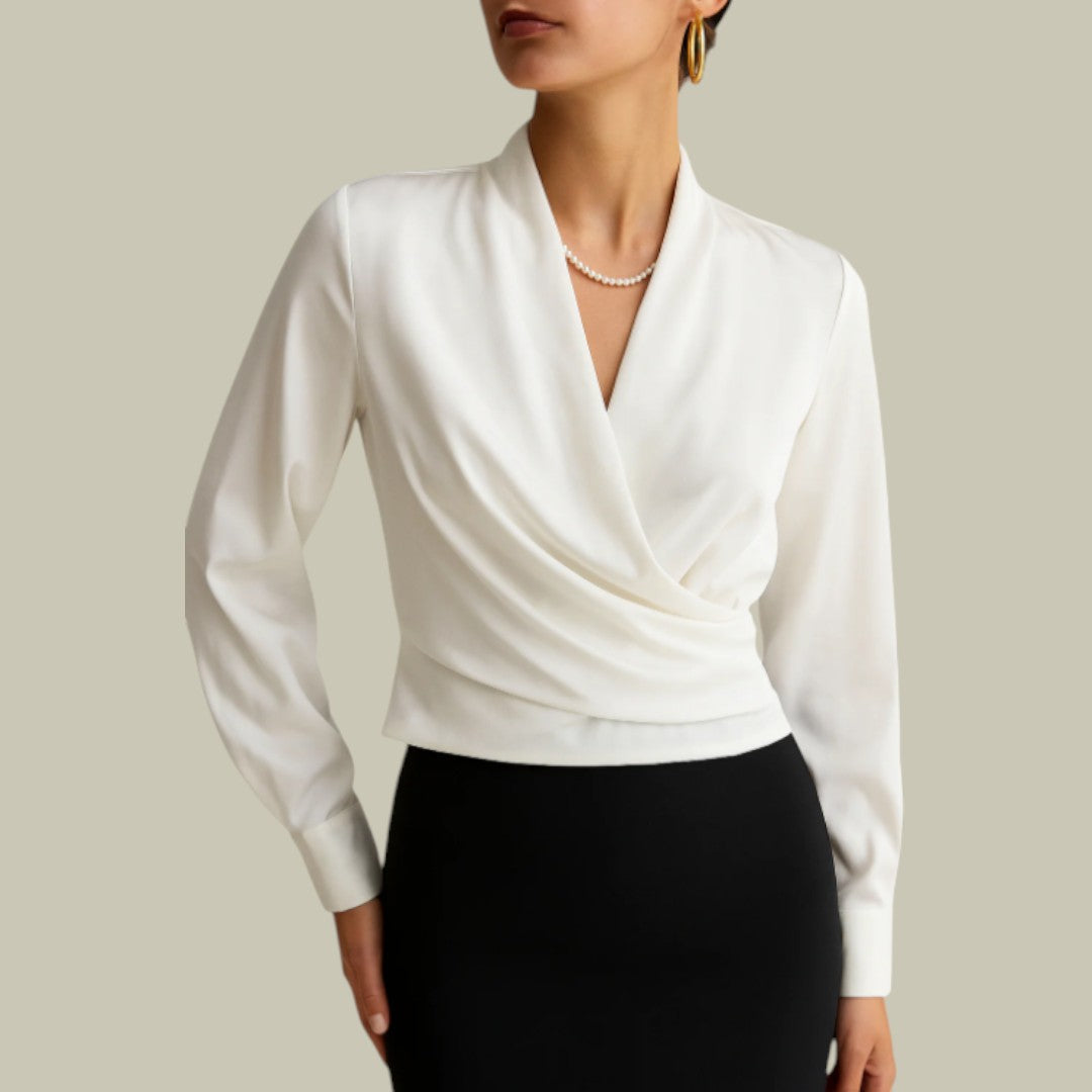 Formal women's wrap front satin blouse with long sleeves, ideal for sophisticated attire.