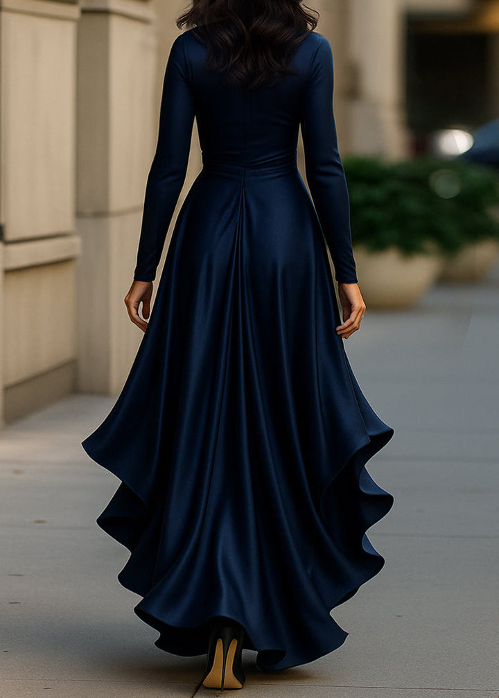 Women's formal evening wrap dress, sophisticated, with a dramatic high-low ruffle hem.