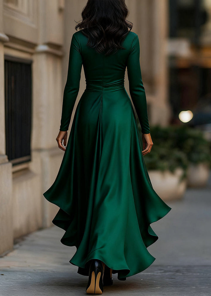 Long sleeve women's wrap dress, elegant, with a fashionable high-low ruffle hem.