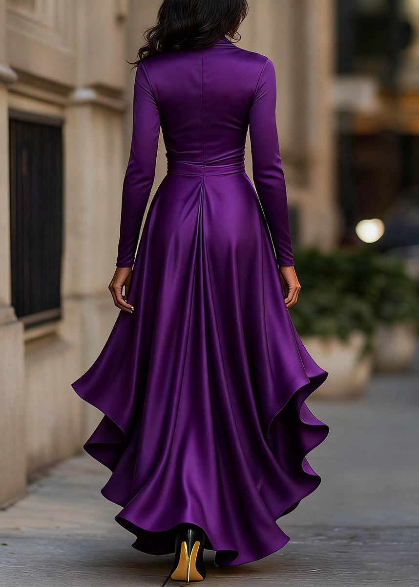 Women's sophisticated wrap gown, elegant, with a distinctive high-low ruffled hem.