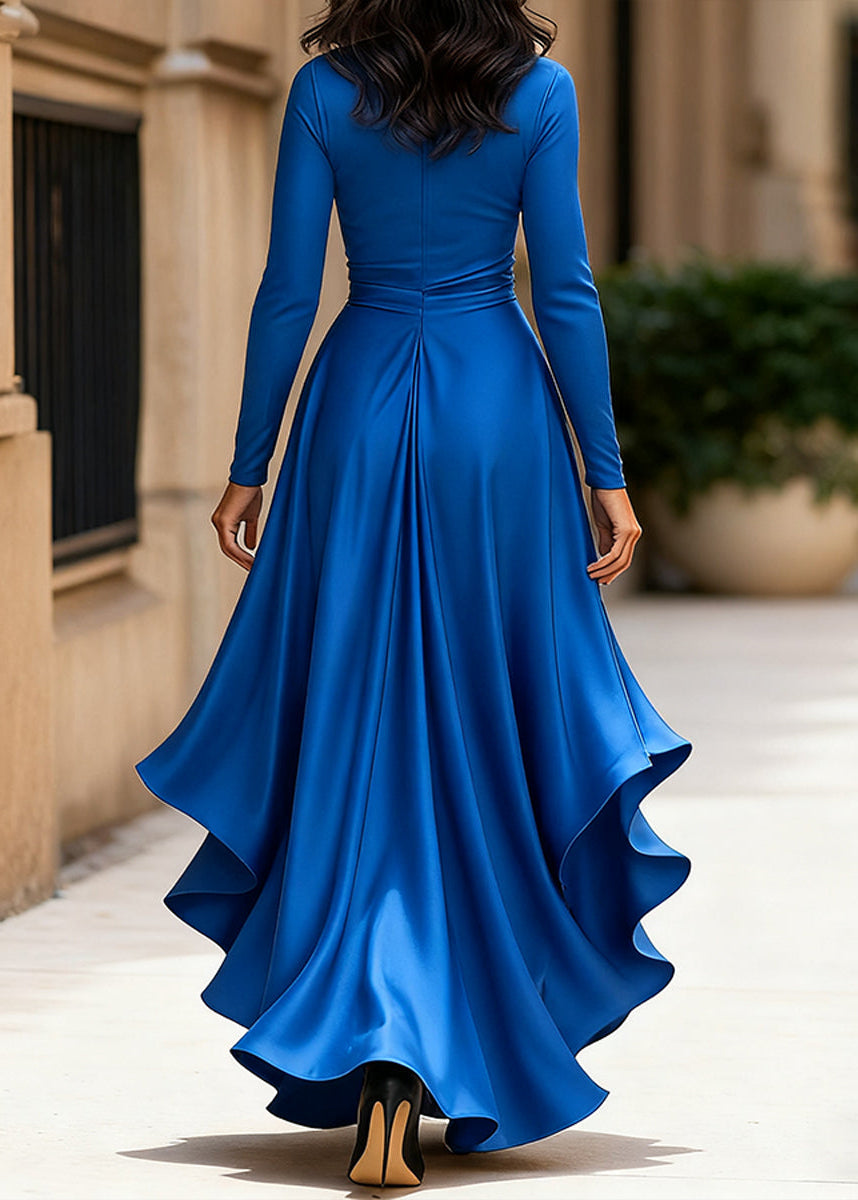Women's formal wear wrap dress, elegant, with a statement high-low ruffle hem.