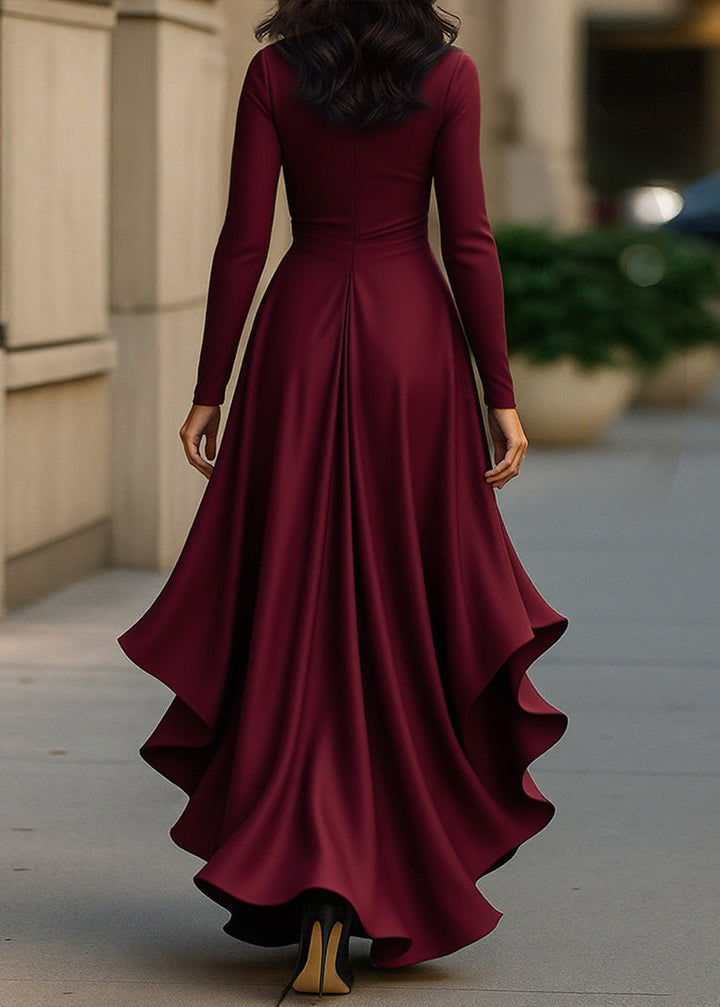 Women's formal wrap dress with a flowy high-low ruffle hem, ideal for evening events.