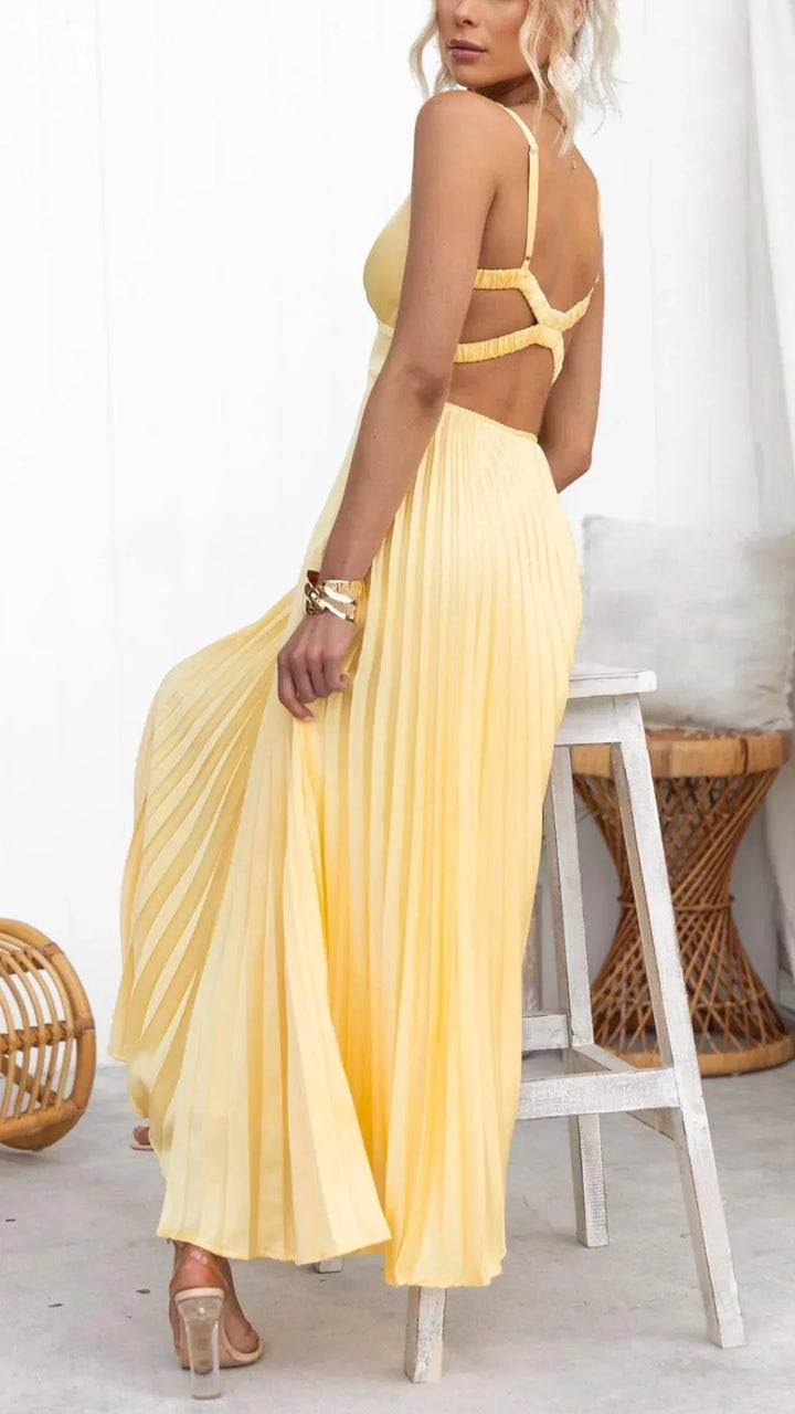 Beautiful yellow pleated maxi dress for women with a flattering V-neck design
