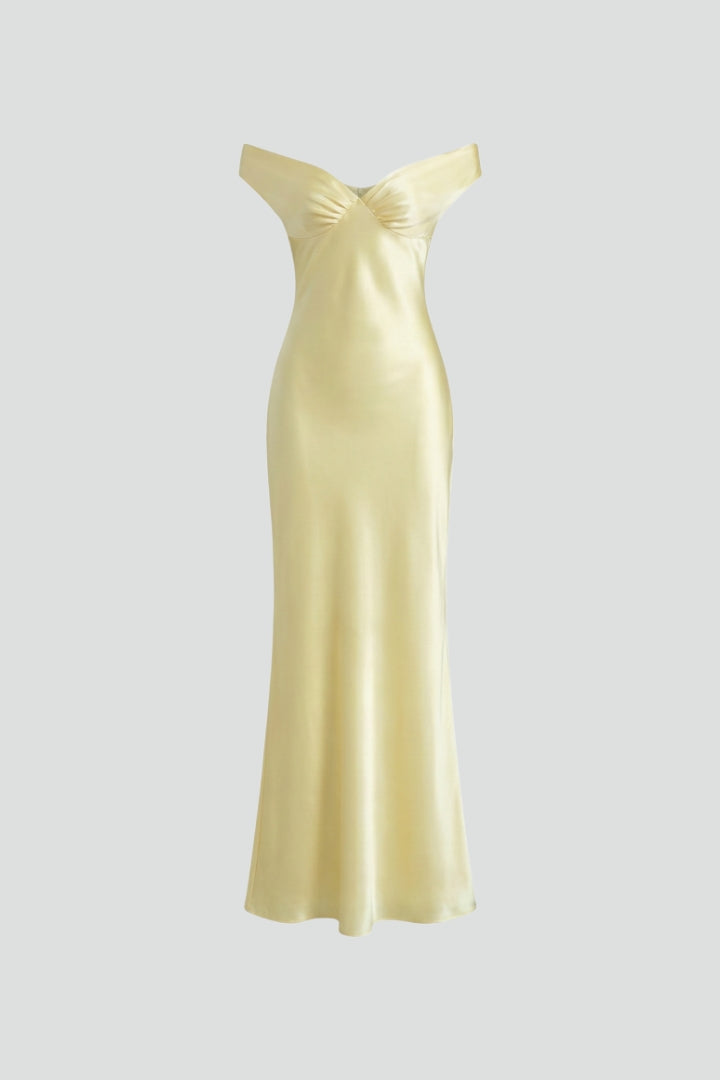 Elegant yellow off-shoulder maxi dress for women, flattering fit, perfect for evening or party wear.