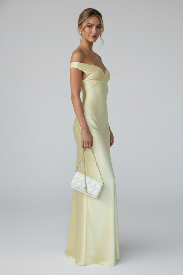 Stunning women's floor-length off-shoulder evening gown. Elegant and chic for formal events, parties & occasions.
