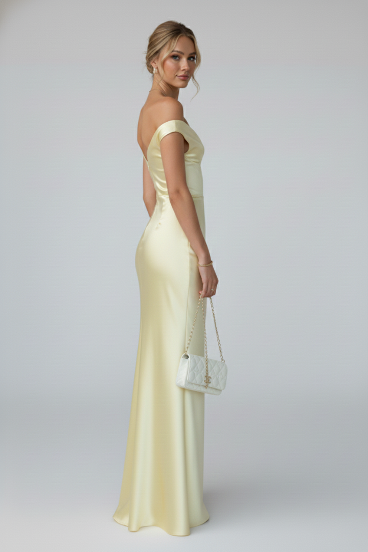 Soft fabric elegant women's off-shoulder maxi dress. Flattering long fitted design for special occasions.