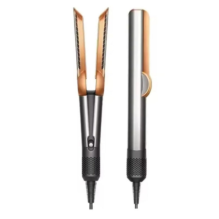 Dual voltage travel-ready 2-in-1 hair dryer and straightener. Perfect for all hair types, offering quick, sleek styling.