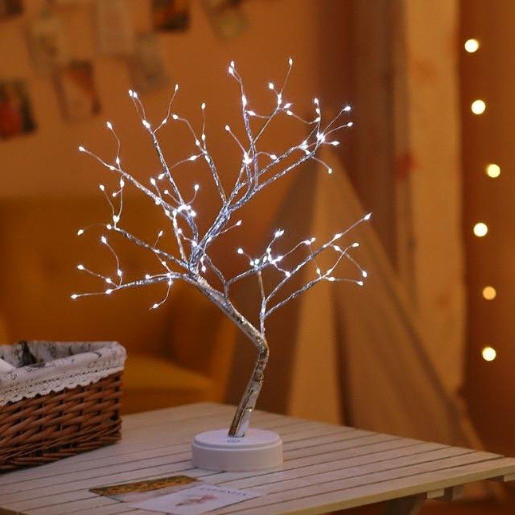 Table lamp featuring an Enchanted LED Bonsai Tree with colorful fairy lights for a magical glow