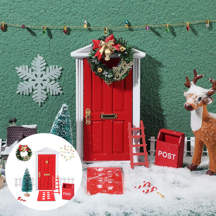 Enchanting Magical Holiday Elf Door Decoration Kit with miniature door, wreath, tree, and presents