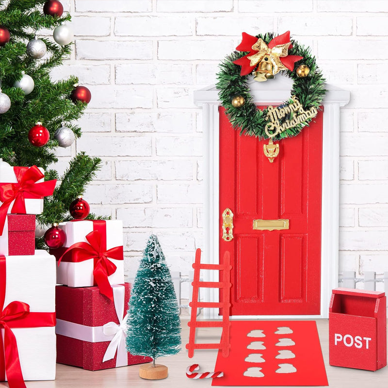 Complete Magical Holiday Elf Door Decoration Kit featuring various miniature Christmas accessories