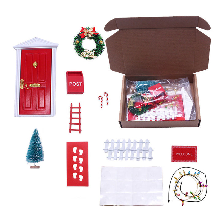 Elf door decoration kit showcasing a tiny rocking horse and sled, adding festive charm