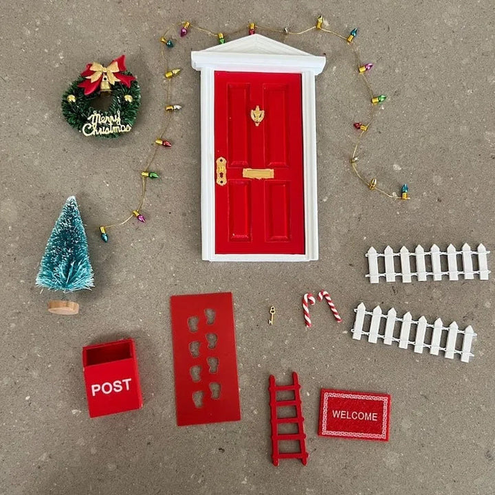 Overhead view of the Enchanting Magical Holiday Elf Door Kit contents, ready for assembly