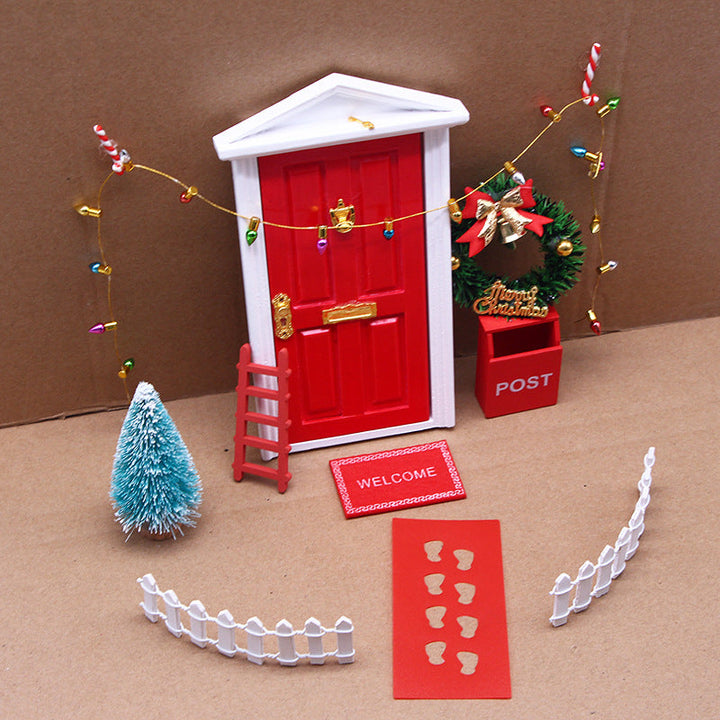 Detailed shot of miniature accessory: Tiny Christmas tree and wrapped presents for elf door decor