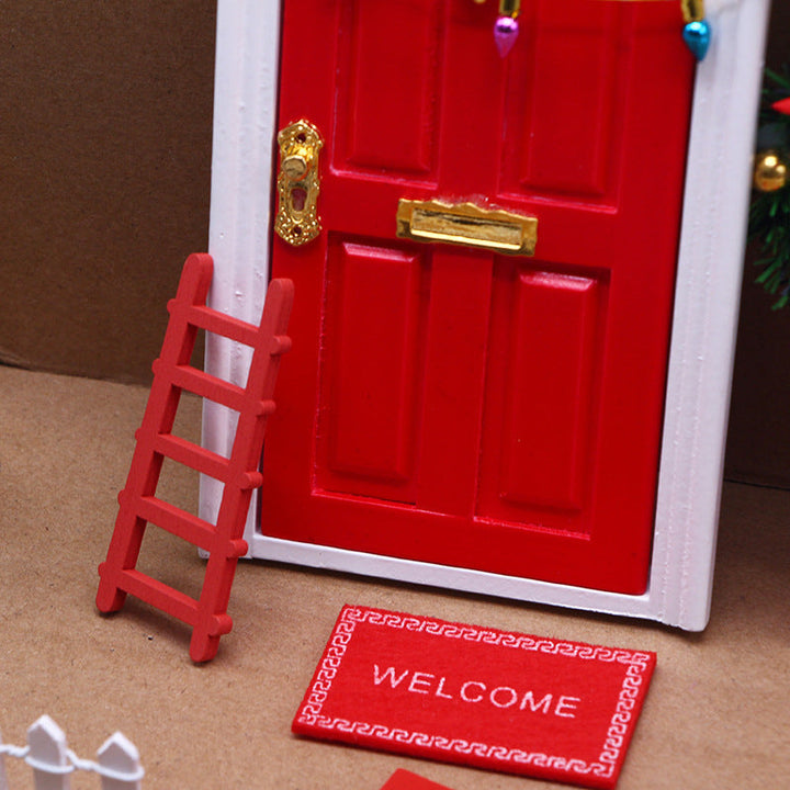 Whimsical holiday elf door with glowing miniature lanterns, creating a magical festive scene