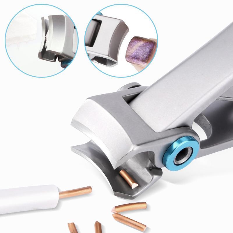 Close-up of ergonomic nail clippers, wide jaw opening for thick nails, professional pedicure tool